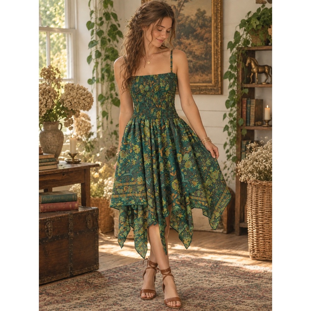 Boho Hippie Cottagecore Gardenbelle Shop Floral Smocked Maxi Dress